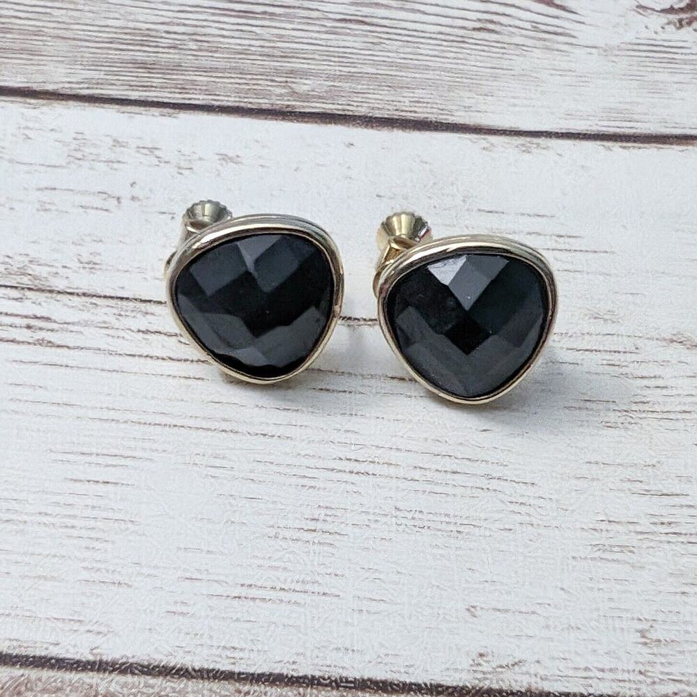 Vintage Clip On Earrings with Screw To Tighten - Black Faceted - Just Over 0.5"